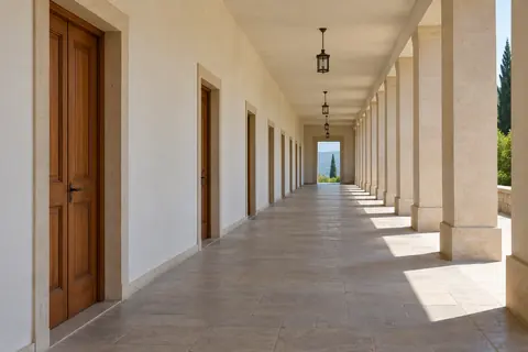 Doorways on the left and square columns on the right become smaller down a corridor; floor and ceiling edges recede toward a common distant region.