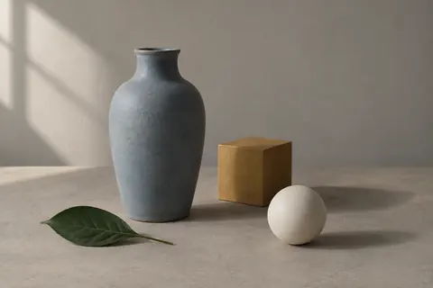 Generated still-life reference: a blue-gray vase on the left, an ochre box and pale sphere on the right, and a green leaf at lower left. Upper-left surfaces are lighter and tabletop shadows extend right.